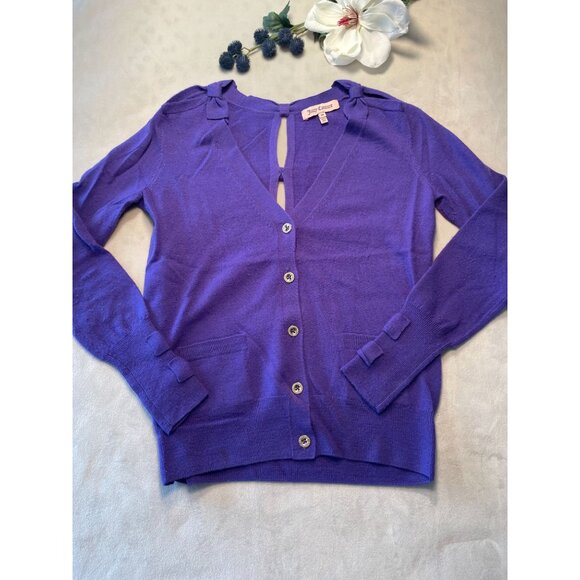 Juicy Couture Sweaters - Juicy Couture Purple Bow Back Cardigan XS Sweater 100% Wool Cottagecore Bows Y2K